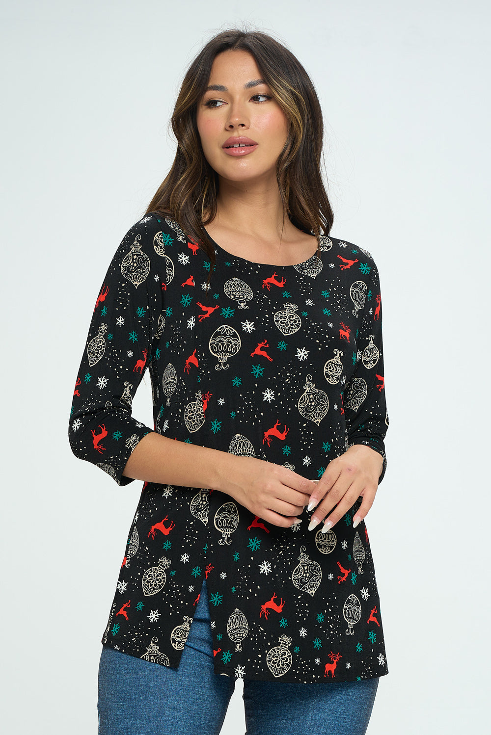 BNS Round Neck 3/4 Sleeve Slit Top-3079BN-QRP1-W382