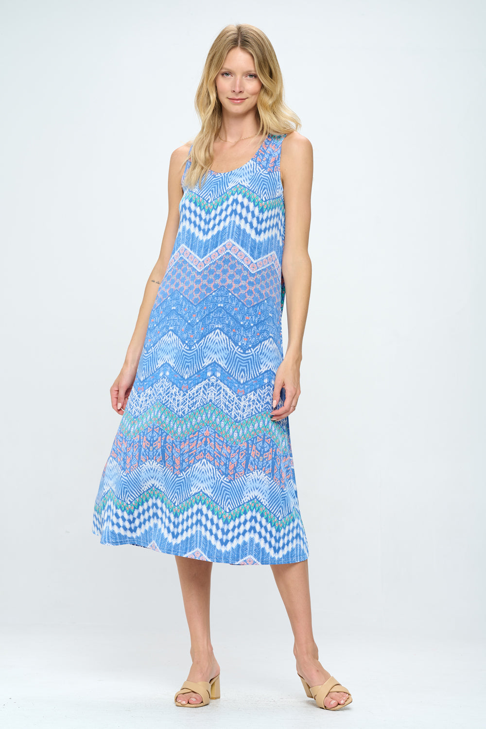 Blue Abstract Print  Long Tank Dress Print -7000BN-TRP1-W362