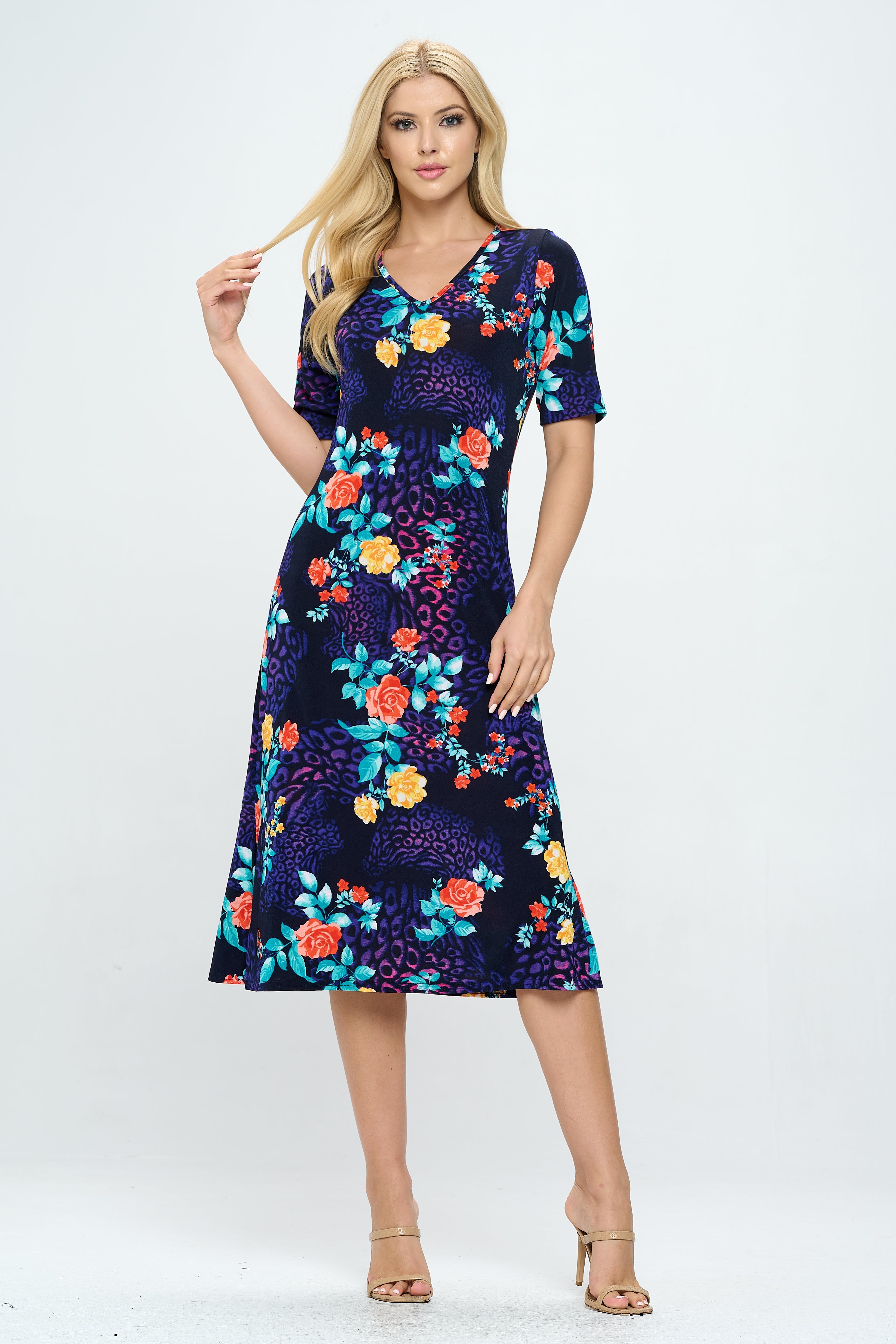 BNS Midi V-Neck Dress With Side Slits-7081BN-HRP1-W301