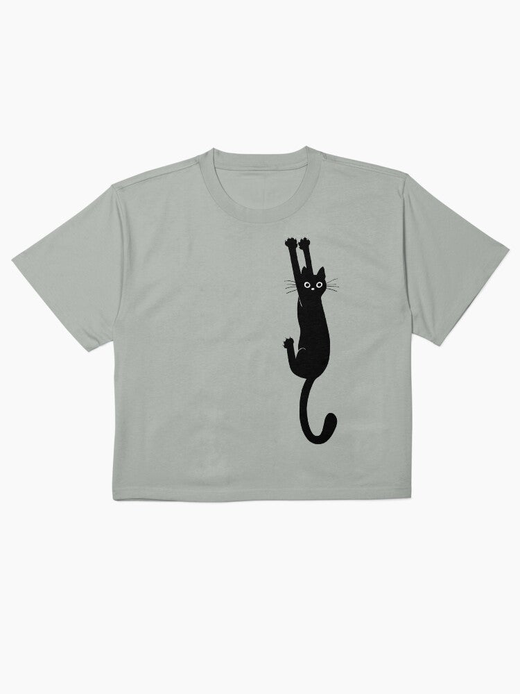 Black Cat Holding On Cute Boxy T-Shirt Funny Animal Lover Tee