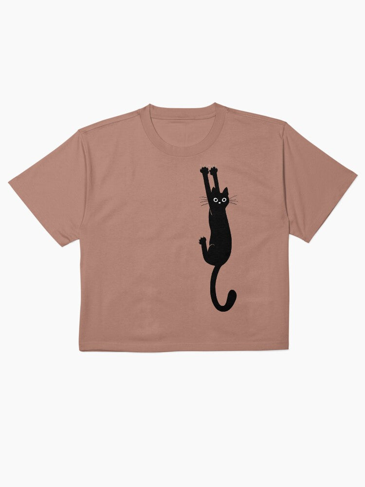 Black Cat Holding On Cute Boxy T-Shirt Funny Animal Lover Tee