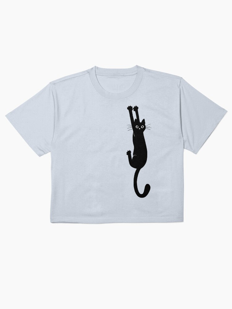 Black Cat Holding On Cute Boxy T-Shirt Funny Animal Lover Tee