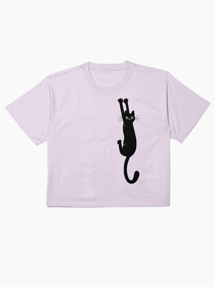 Black Cat Holding On Cute Boxy T-Shirt Funny Animal Lover Tee