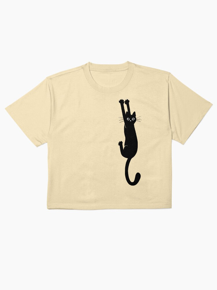 Black Cat Holding On Cute Boxy T-Shirt Funny Animal Lover Tee
