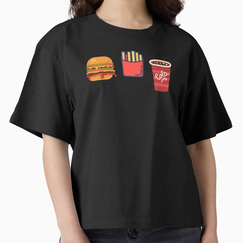 Burger Fries Cola Fast Food Boxy T-Shirt Retro Diner Graphic Tee Black