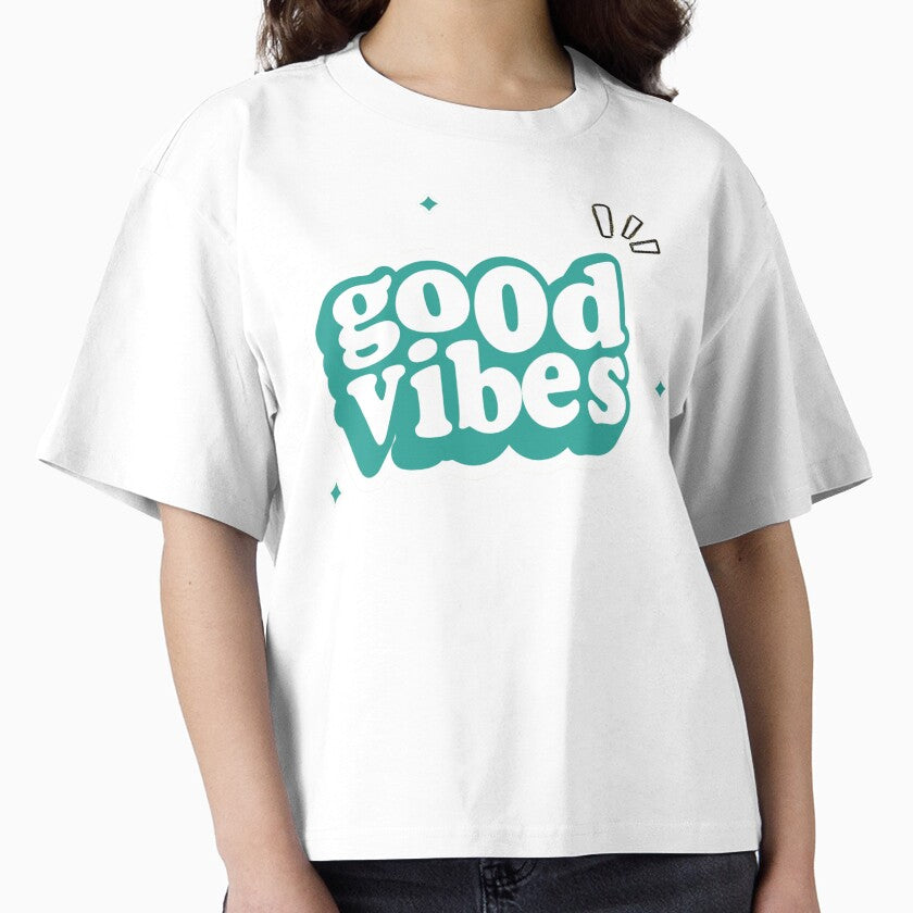 Boxy T-Shirt Good Vibes Only Trendy Graphic Tee Soft Daily Wear White