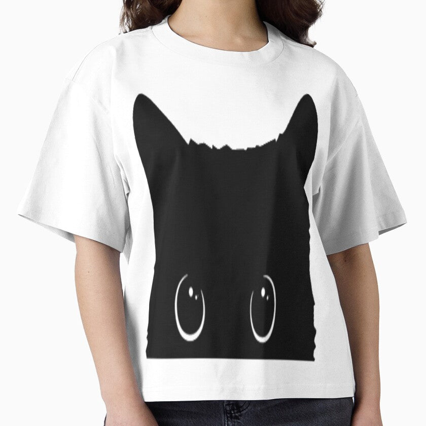 Black Cat Minimalist Animal Boxy T-Shirt Sleek Feline Design White