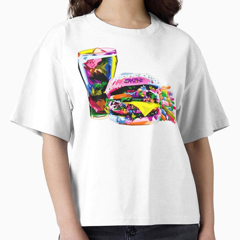 Burger Menu Graphic Foodie Boxy T-Shirt Restaurant Style Design White