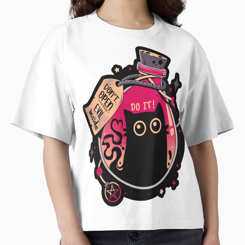 Bottled Menace Evil Black Cat Boxy T-Shirt Funny Spooky Graphic White